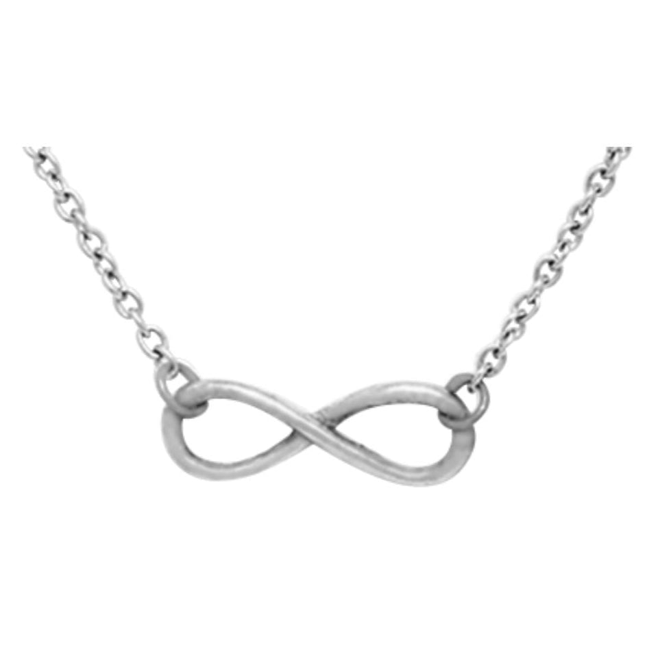 Close-up of infinity symbol pendant with "To infinity and beyond" message on 925 sterling silver necklace