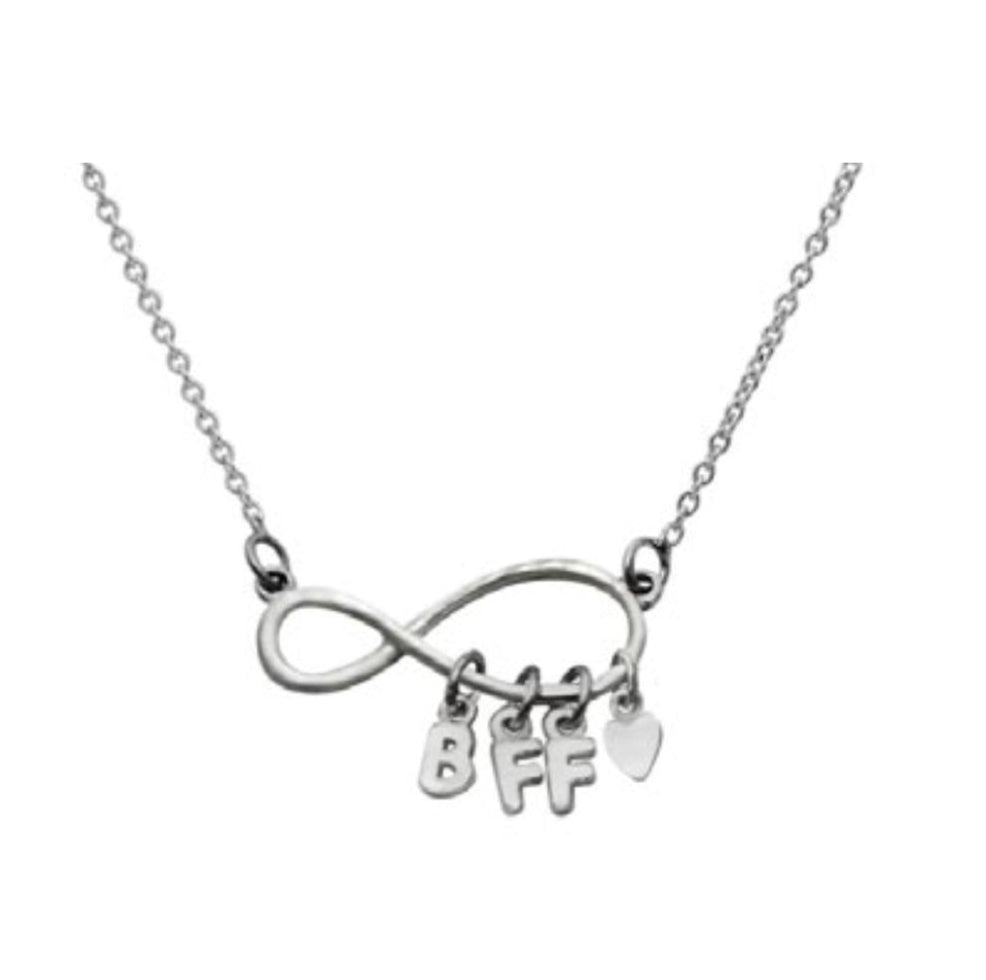 Close-up of infinity "BFF" pendant with "Best Friends Forever" message 925 silver – detailed cute charm