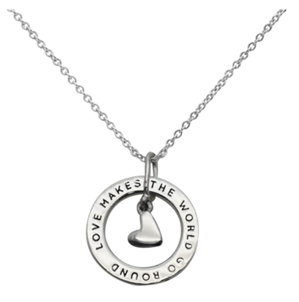 Close-up of round globe pendant with "Love Makes The World Go Round" message on 925 sterling silver necklace