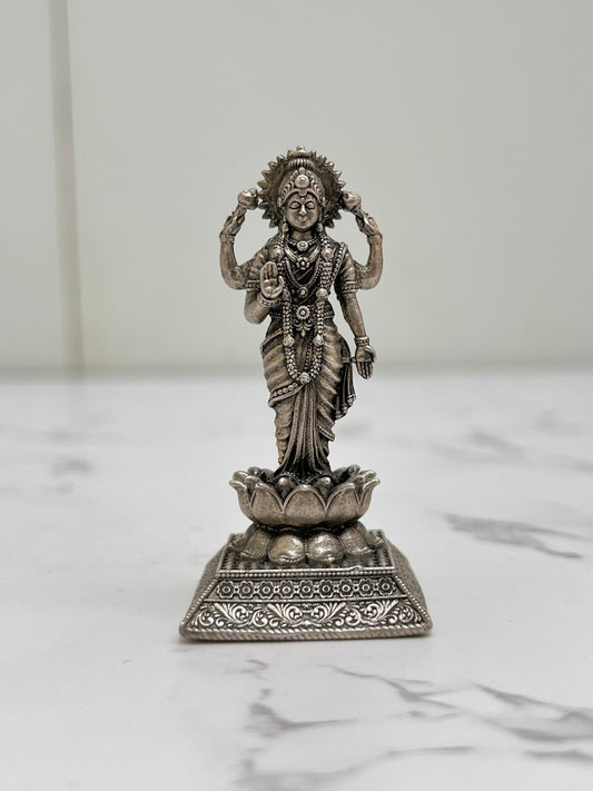 Front view 925 silver Goddess Lakshmi murti – handcrafted prosperity idol antique finish