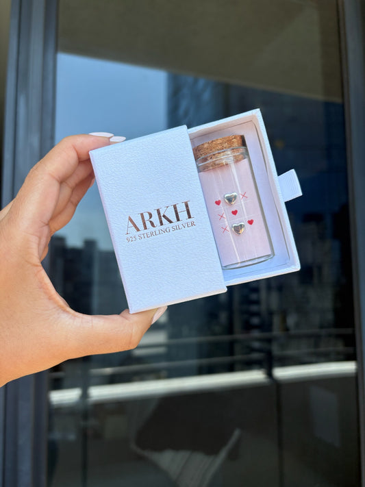 Heart stud earrings in ARKH gift box with glass jar – perfect love gift