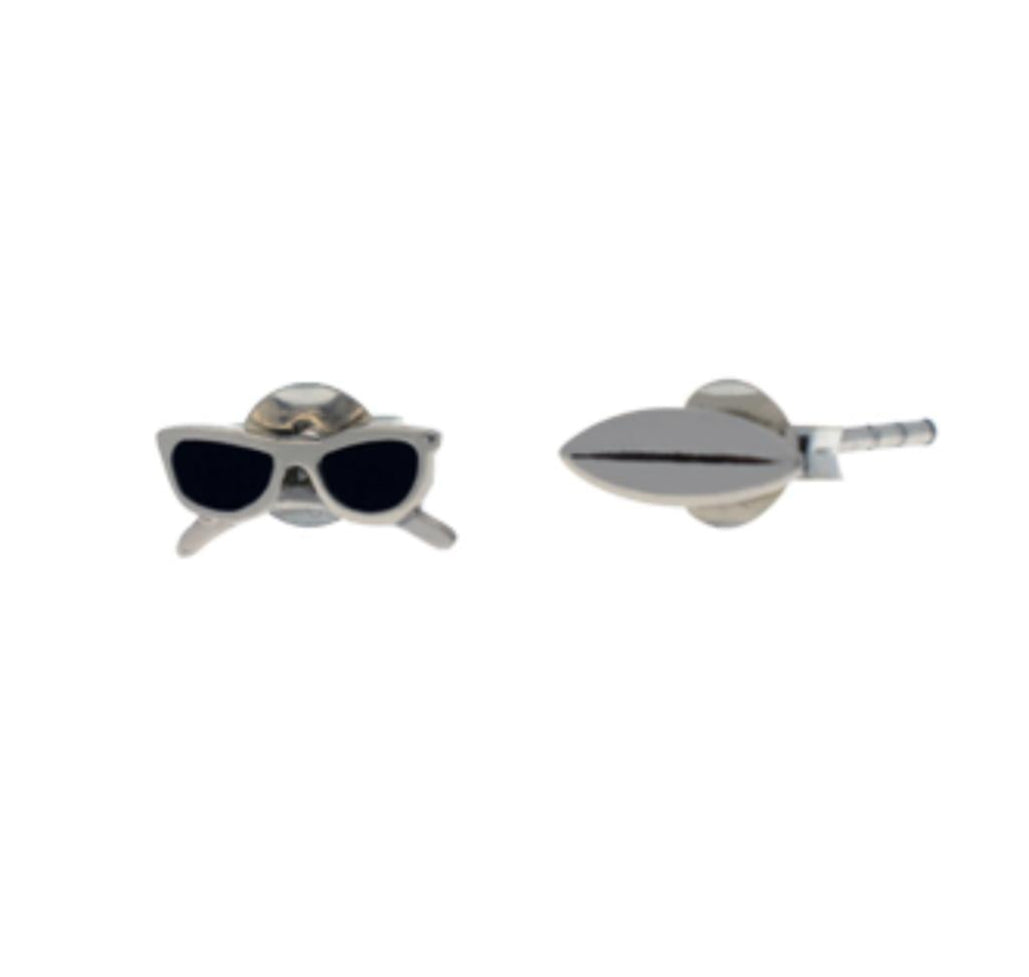 Close-up of sunglasses stud and surfboard earring 925 silver – detailed quirky beach charm