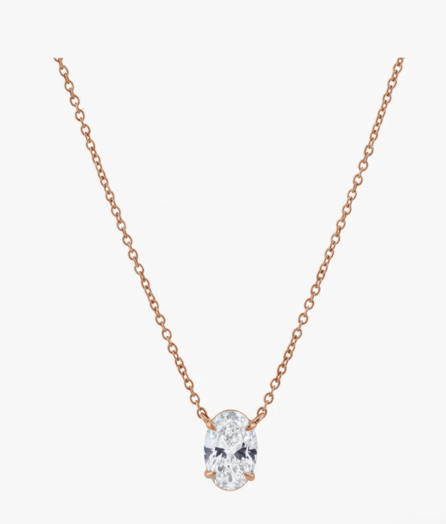 Oval solitaire diamond necklace worn on neck – elegant gold diamond necklace