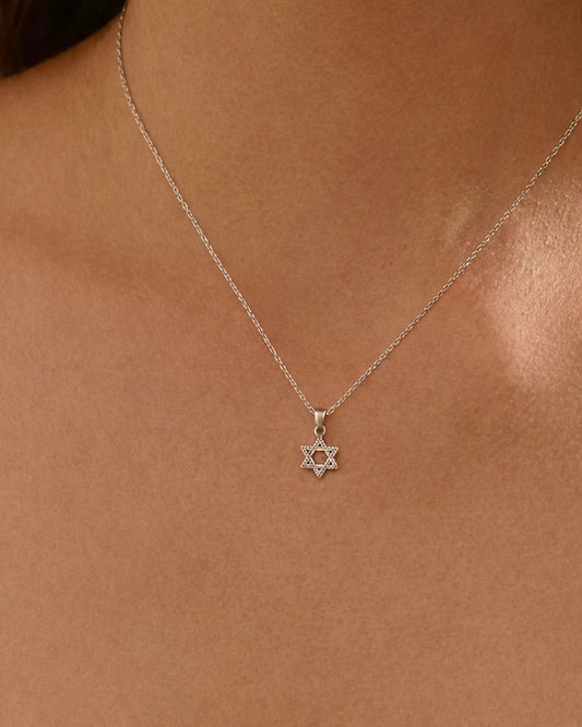 Model wearing Star of David necklace – classic six-pointed star pendant