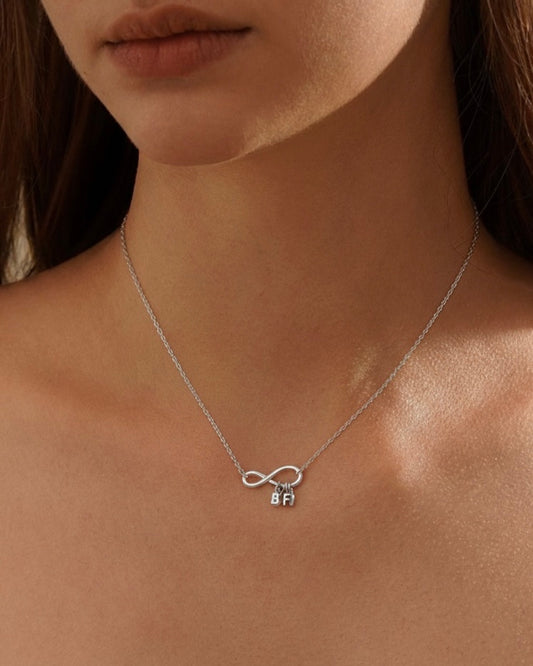 Model wearing BFF necklace – adorable infinity charm