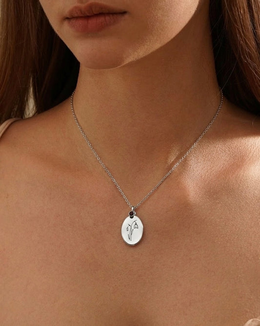 Model wearing birth flower & stone necklace – adorable flower and stone charm