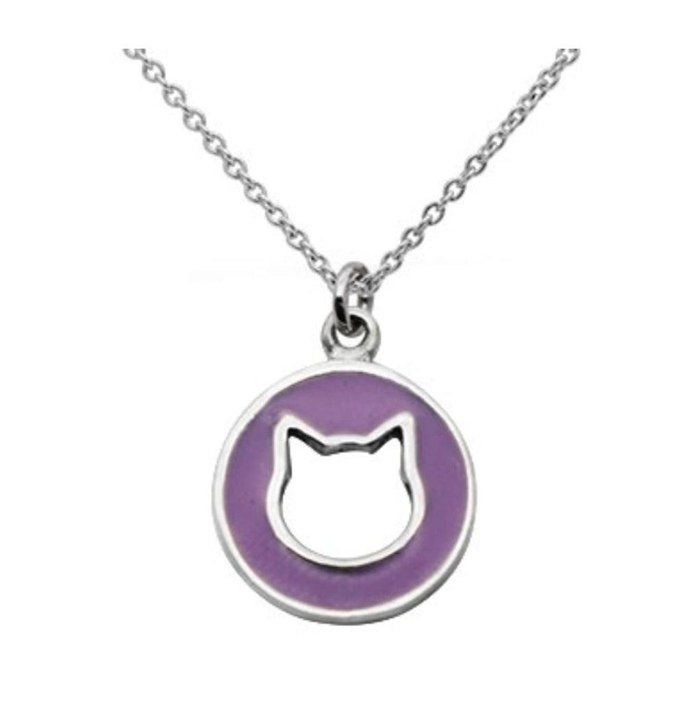 Close-up of cat charm pendant with purple circle and message 925 silver – detailed cute cat jewelry