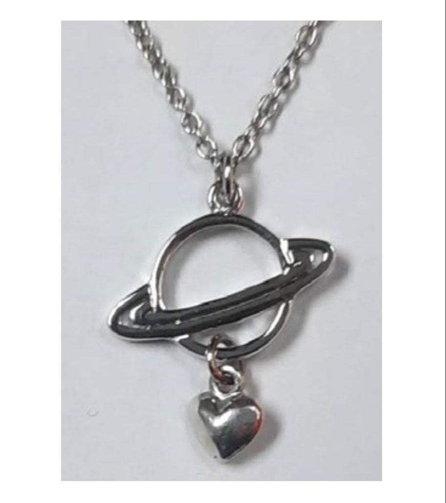 Close-up of planet and heart pendant with "You Are My Universe" message on 925 sterling silver necklace