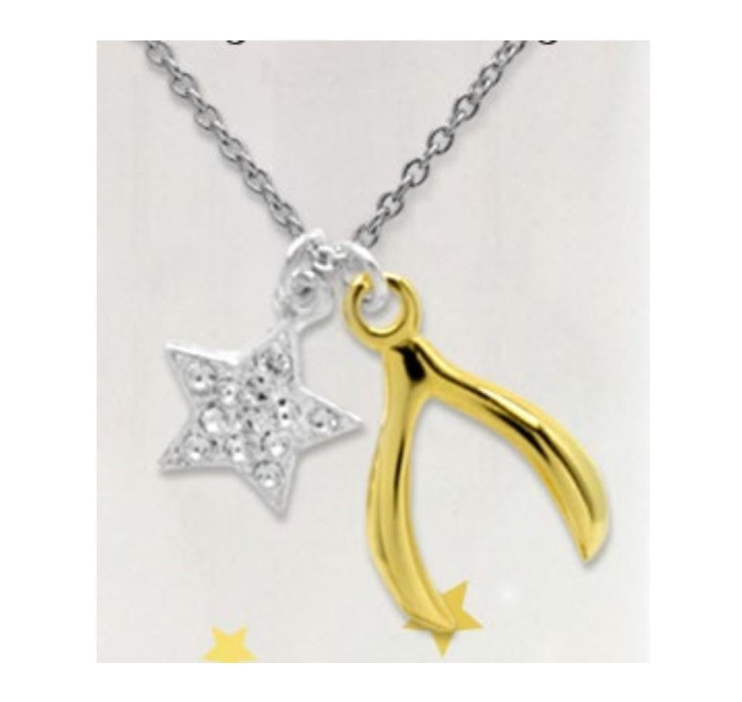 Close-up of star and wishbone pendant with "Wish upon a star and you might become one" message on 925 sterling silver necklace