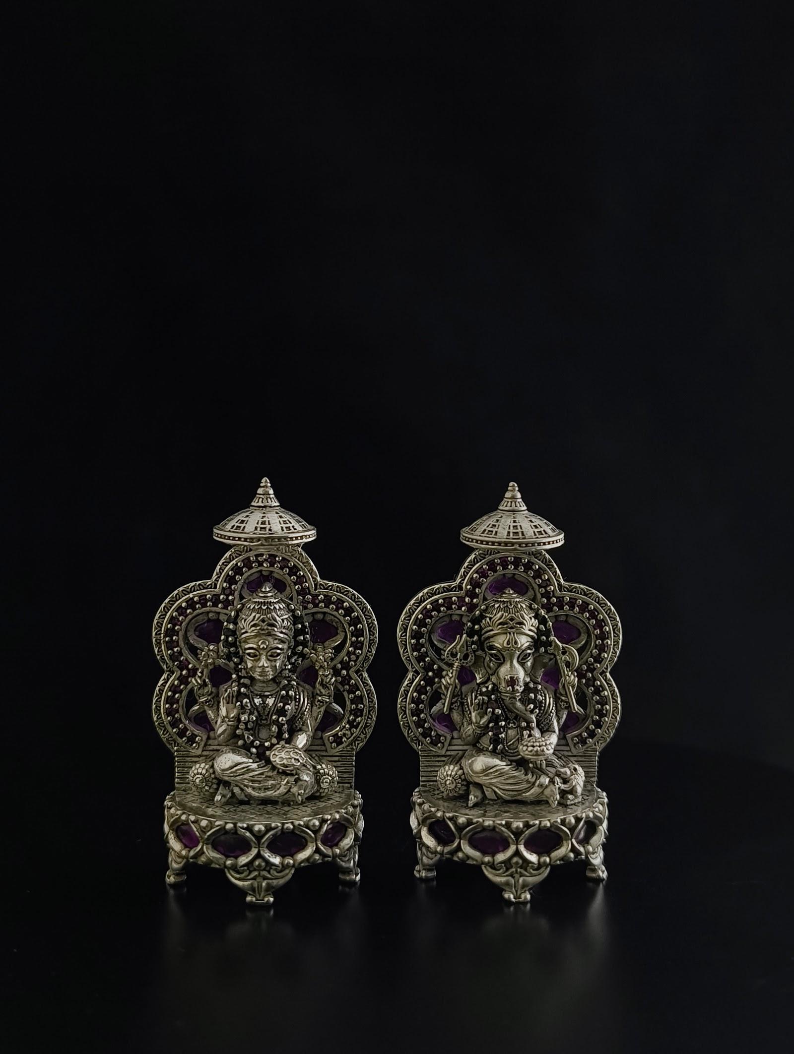Silver Lakshmi Ganesh Idol Pair, sterling silver