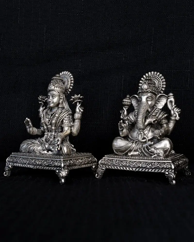 Lakshmi & Ganesh on Chowki, in silver