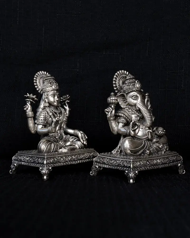 Lakshmi & Ganesh on Chowki, in silver