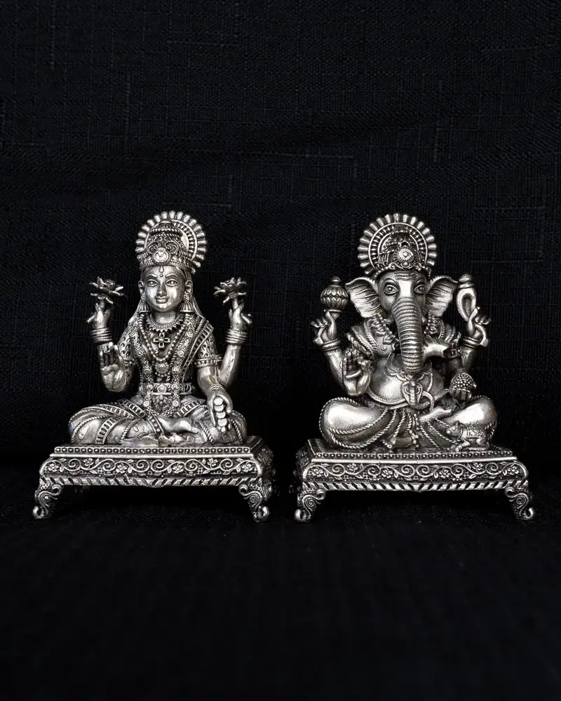 Lakshmi & Ganesh on Chowki, in silver