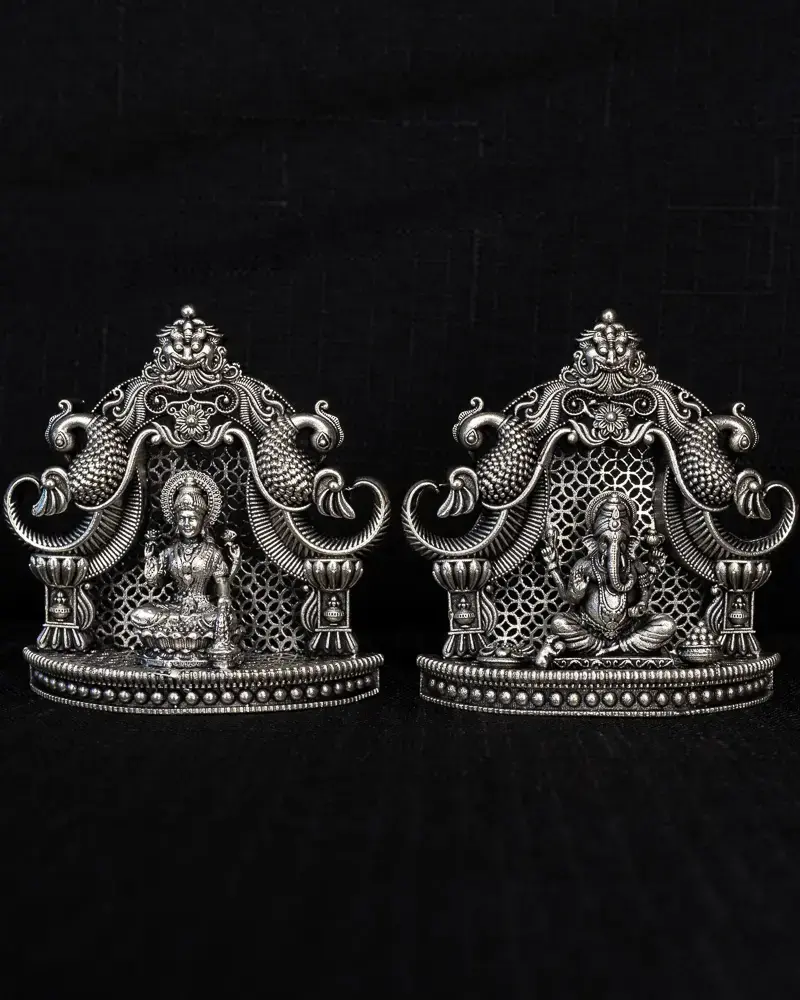 Lakshmi & Ganesh with Peacock Arch, in silver