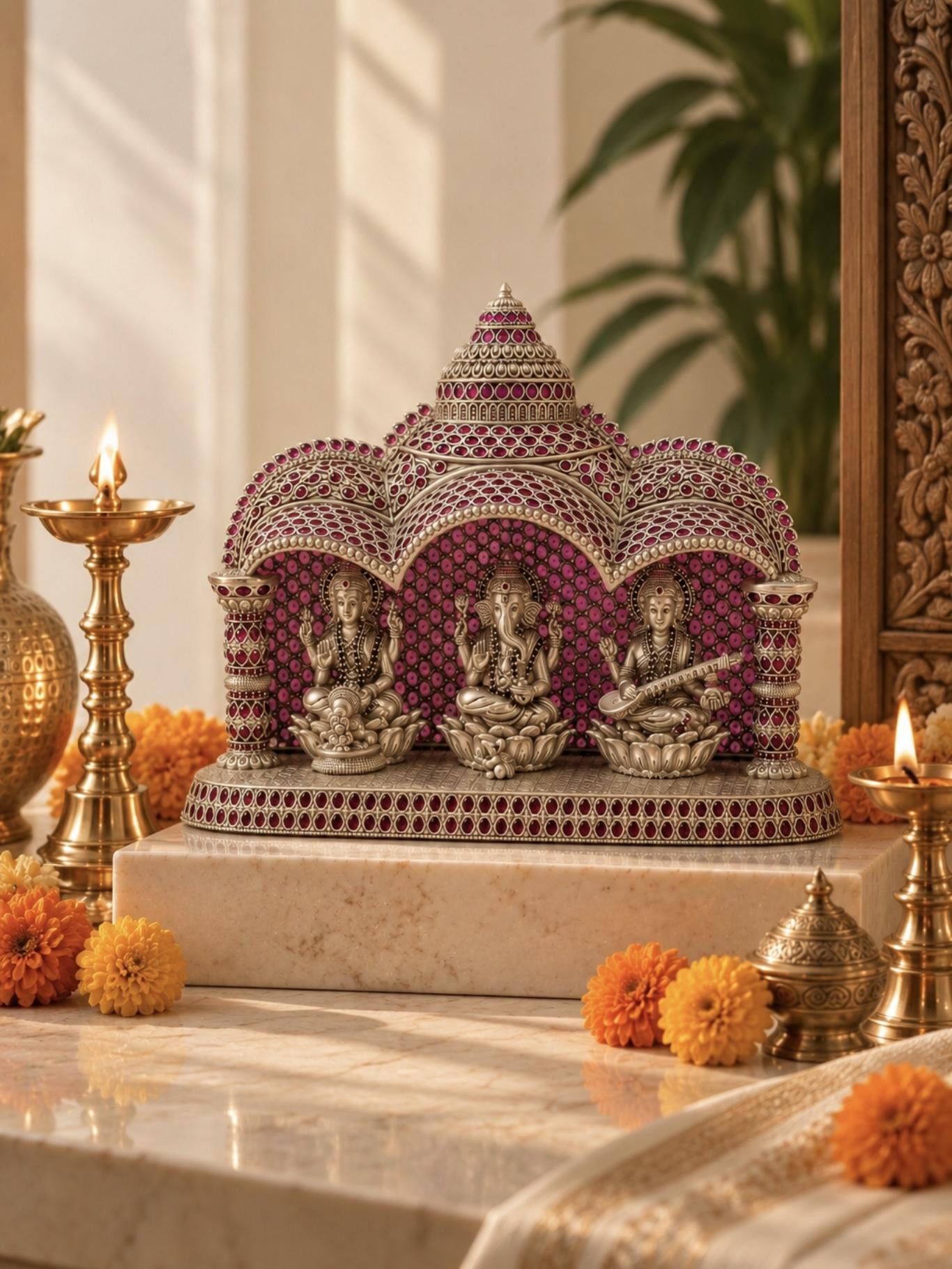 Silver Lakshmi Ganesh Saraswati Idol · 85 g, sterling silver