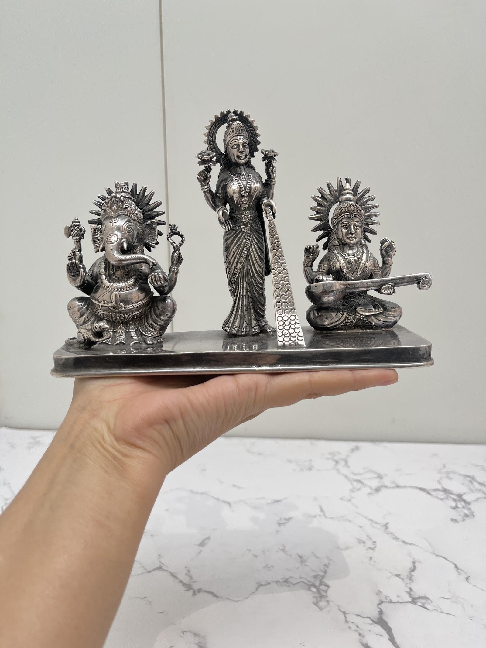 Silver Lakshmi Ganesh Saraswati Idol, sterling silver