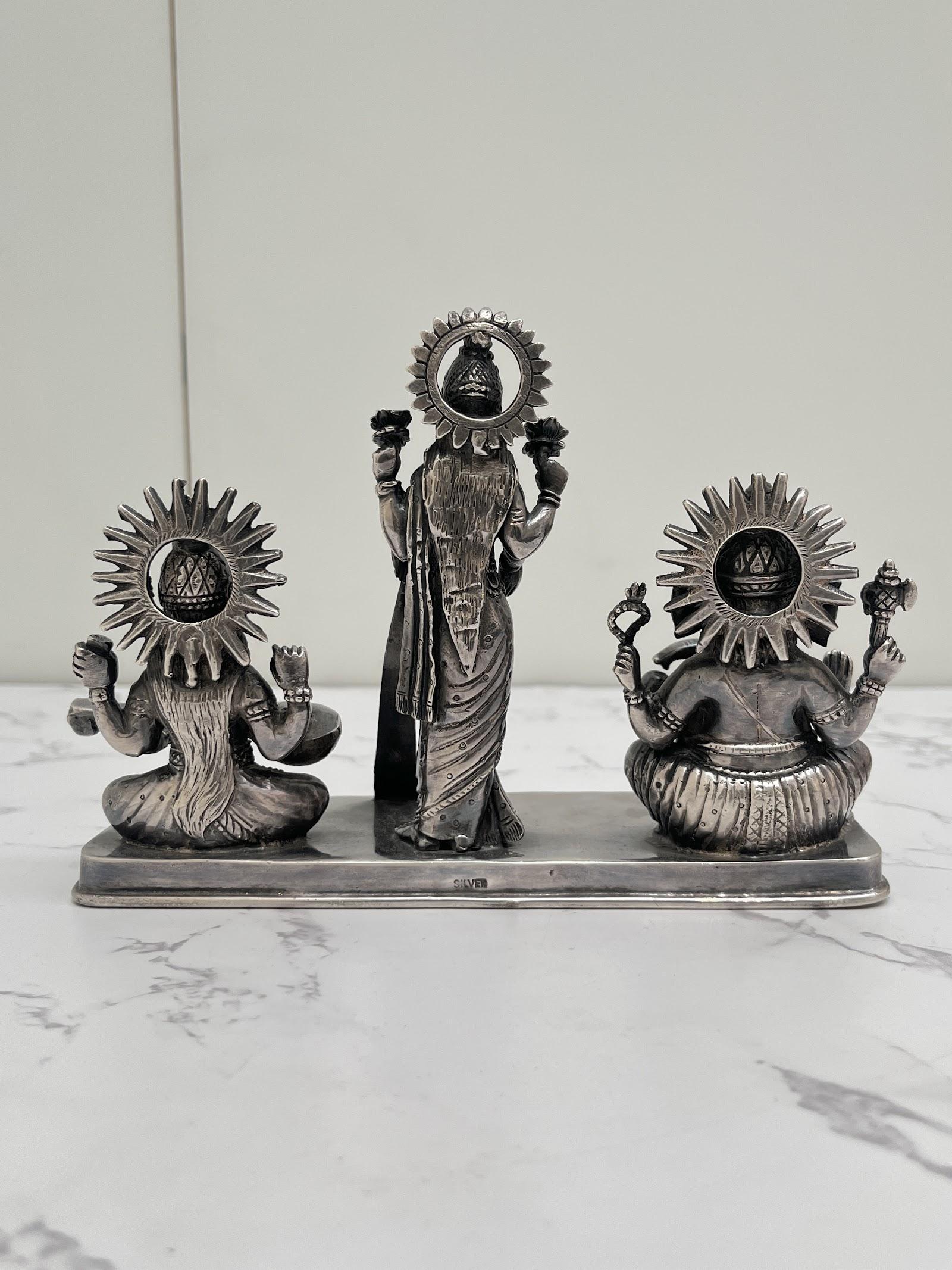 Silver Lakshmi Ganesh Saraswati Idol, sterling silver