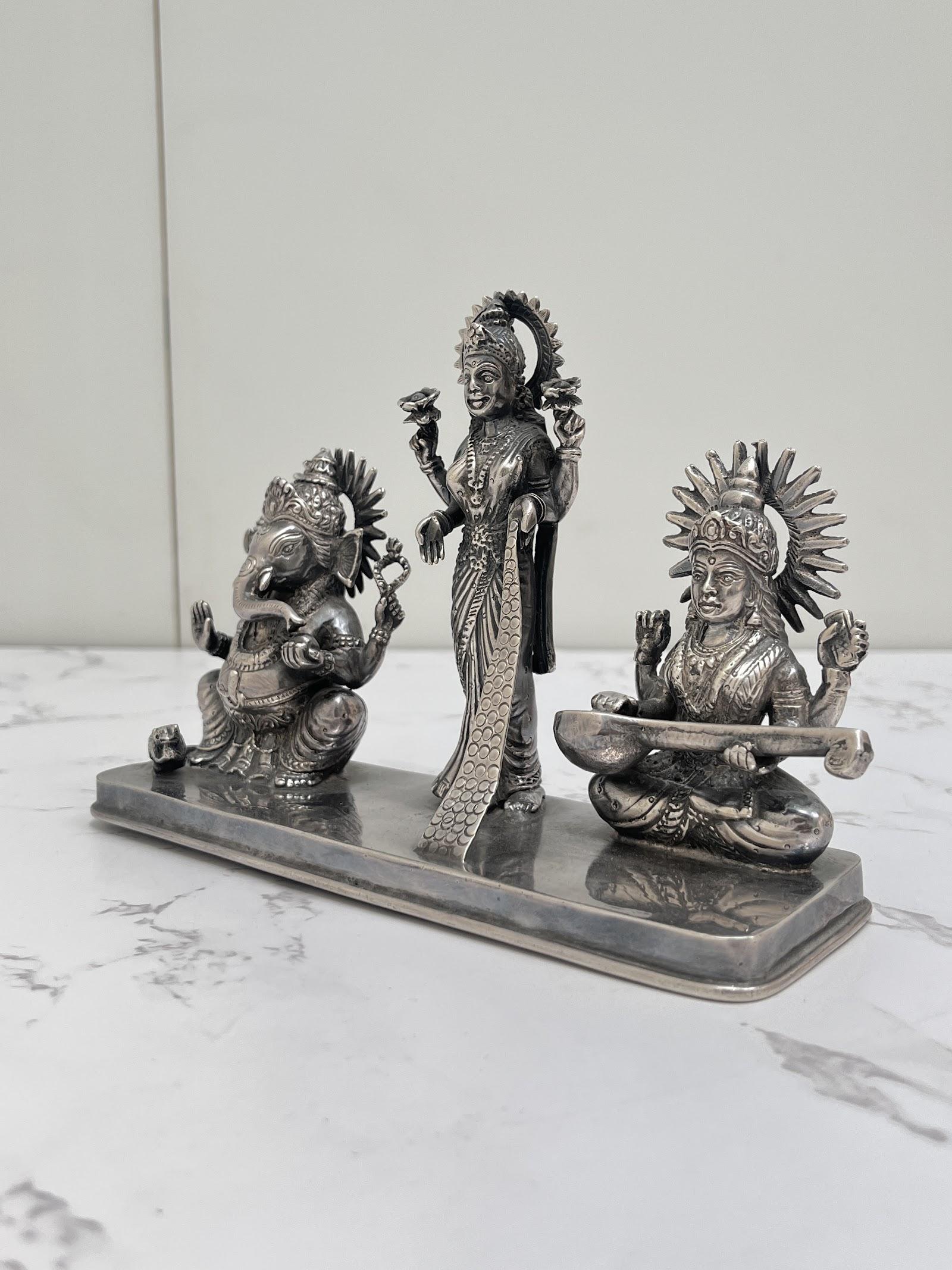 Silver Lakshmi Ganesh Saraswati Idol, sterling silver