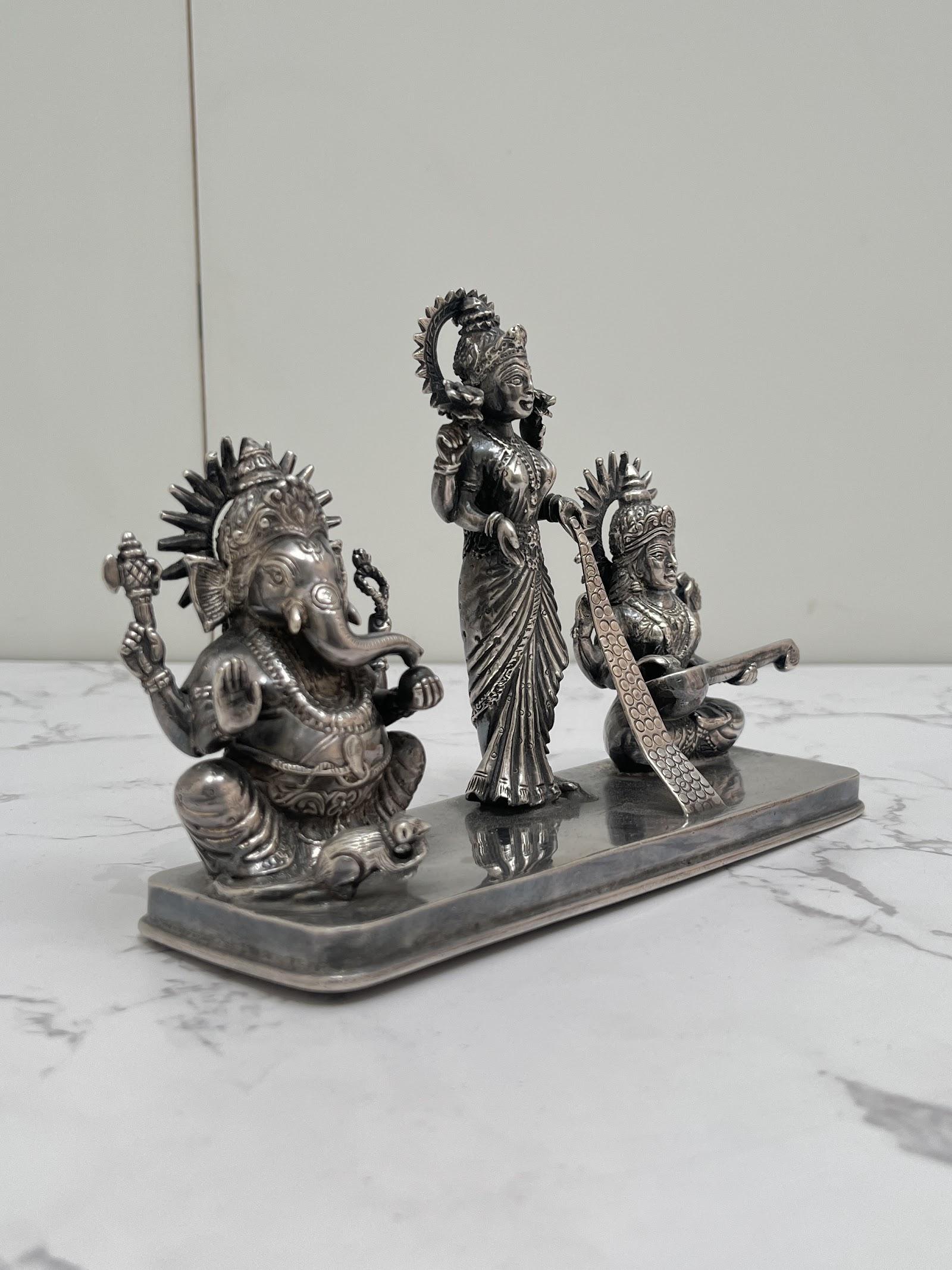 Silver Lakshmi Ganesh Saraswati Idol, sterling silver