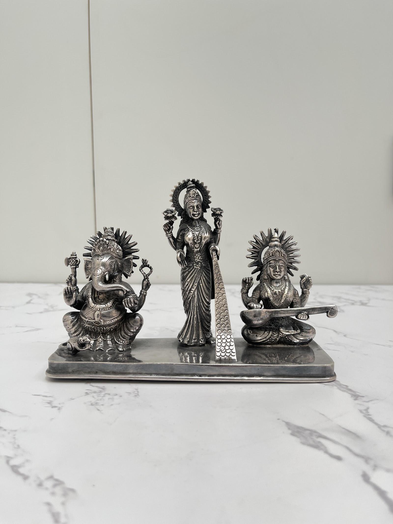 Silver Lakshmi Ganesh Saraswati Idol, sterling silver