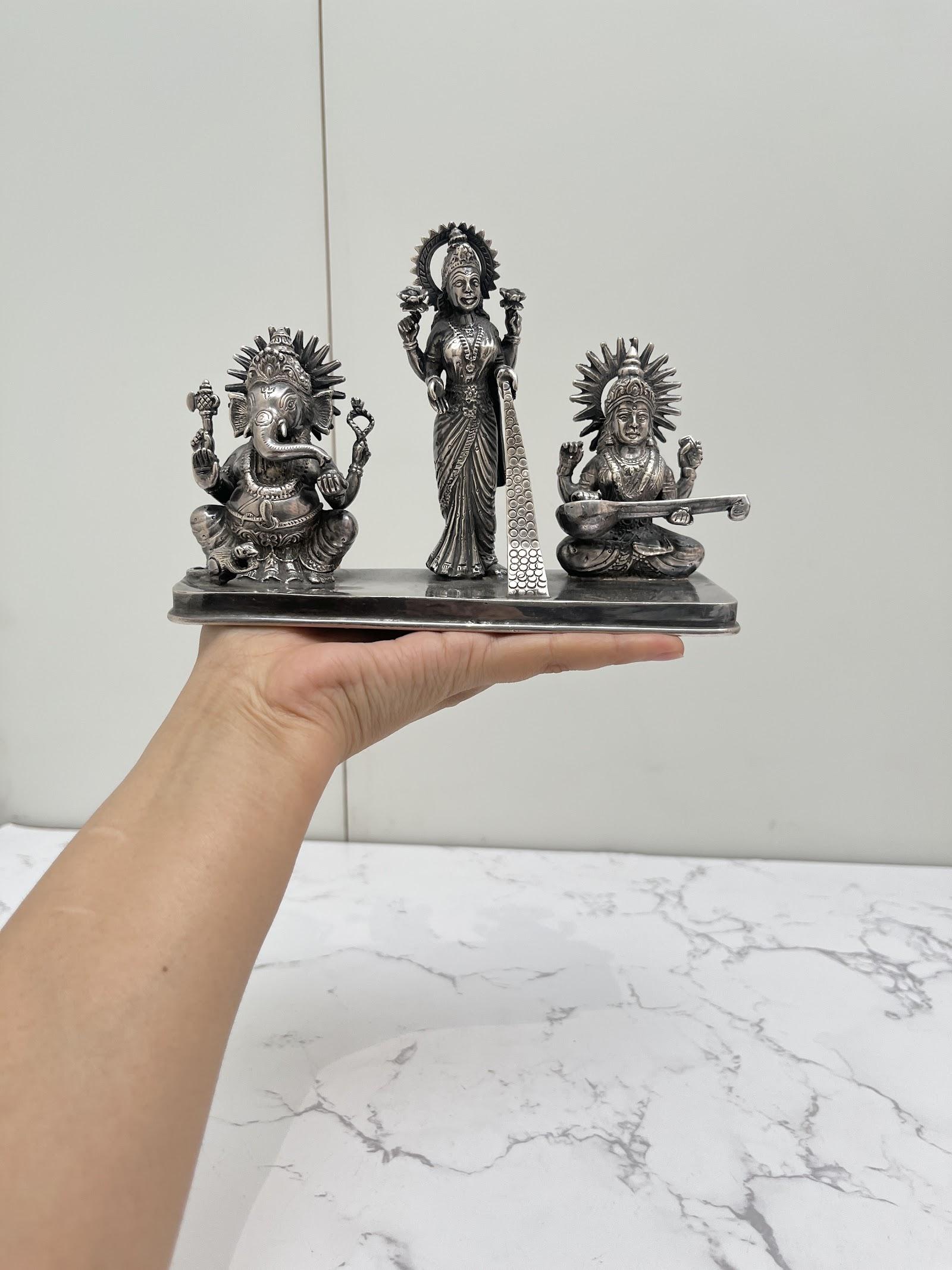 Silver Lakshmi Ganesh Saraswati Idol, sterling silver