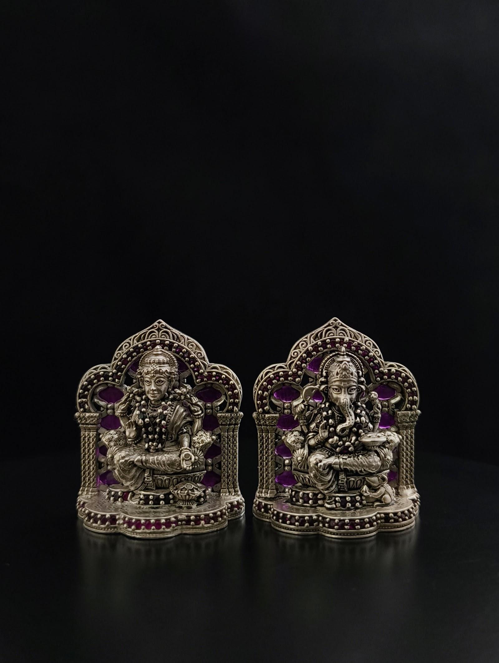 Silver Lakshmi Ganesh Idol Pair with Jaali Arch, sterling silver