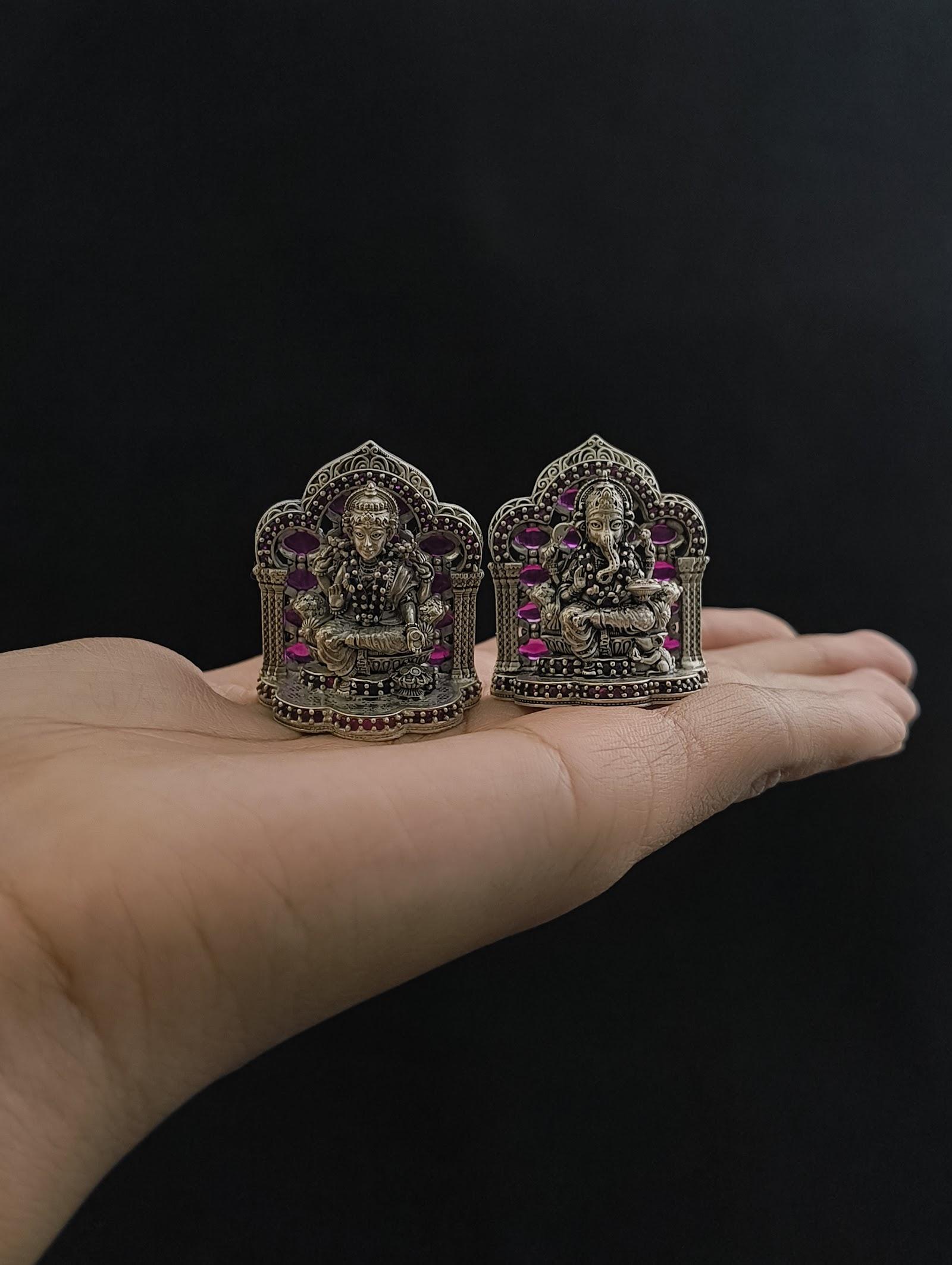 Silver Lakshmi Ganesh Idol Pair with Jaali Arch, sterling silver