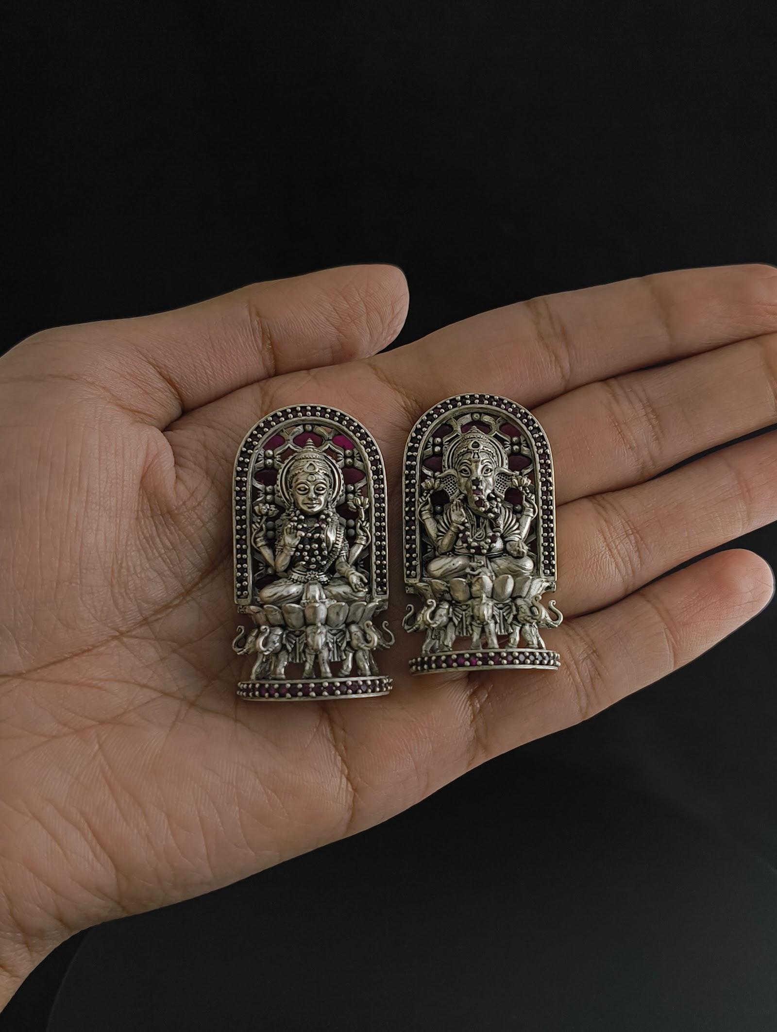Silver Lakshmi Ganesh Idol Pair with Jaali Arch, sterling silver