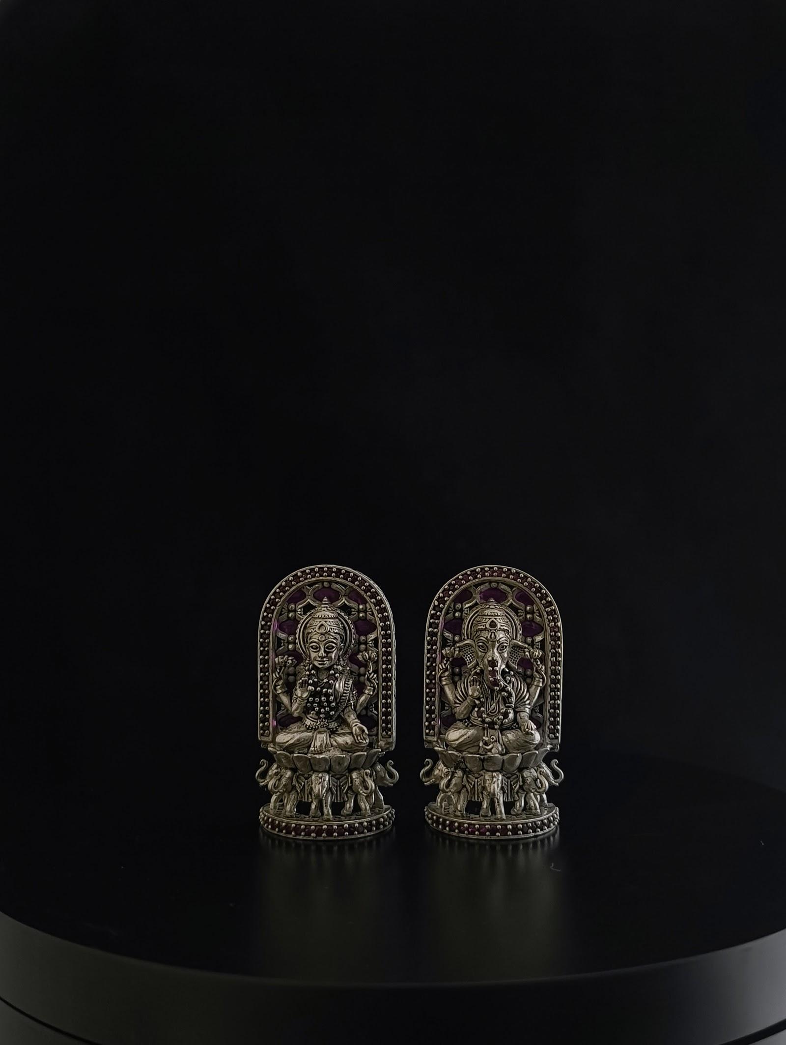 Silver Lakshmi Ganesh Idol Pair with Jaali Arch, sterling silver