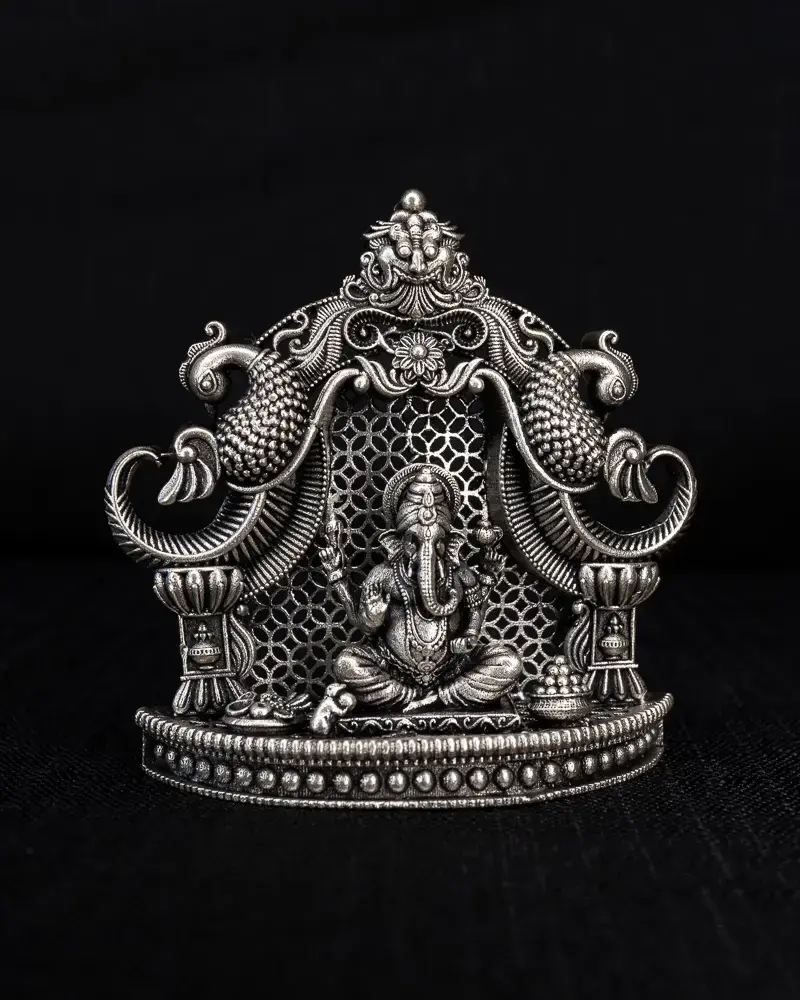 Lakshmi & Ganesh with Peacock Arch, in silver