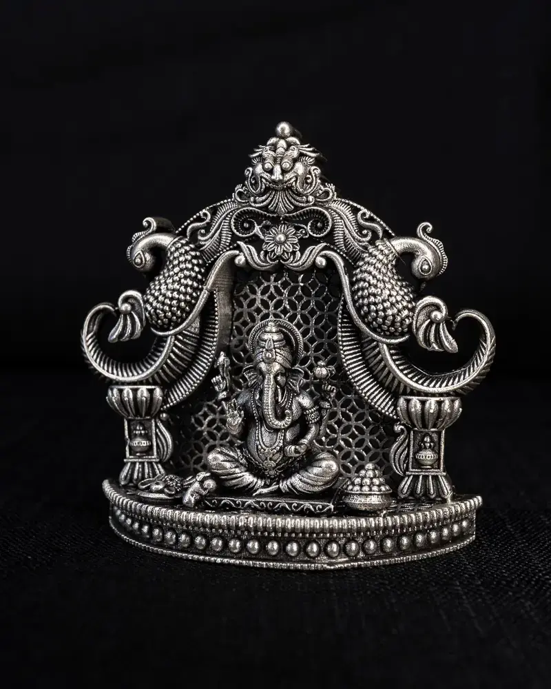 Lakshmi & Ganesh with Peacock Arch, in silver