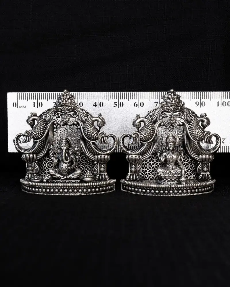 Lakshmi & Ganesh with Peacock Arch, in silver