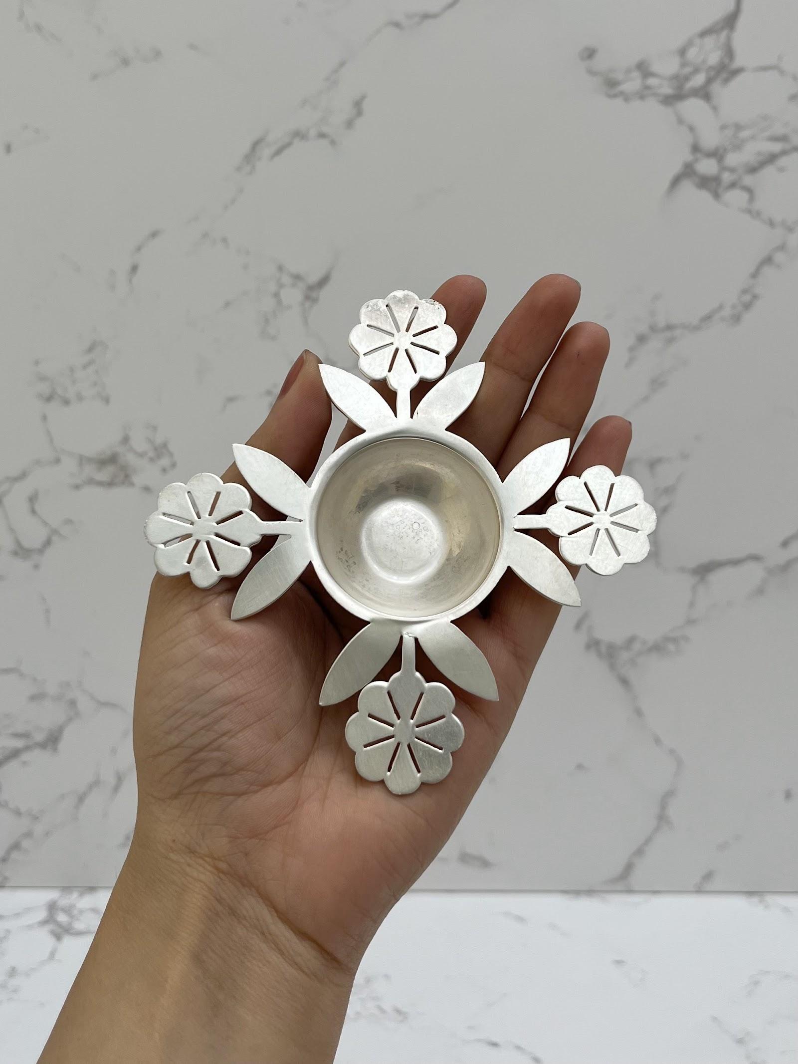 Silver Floral Diya, sterling silver
