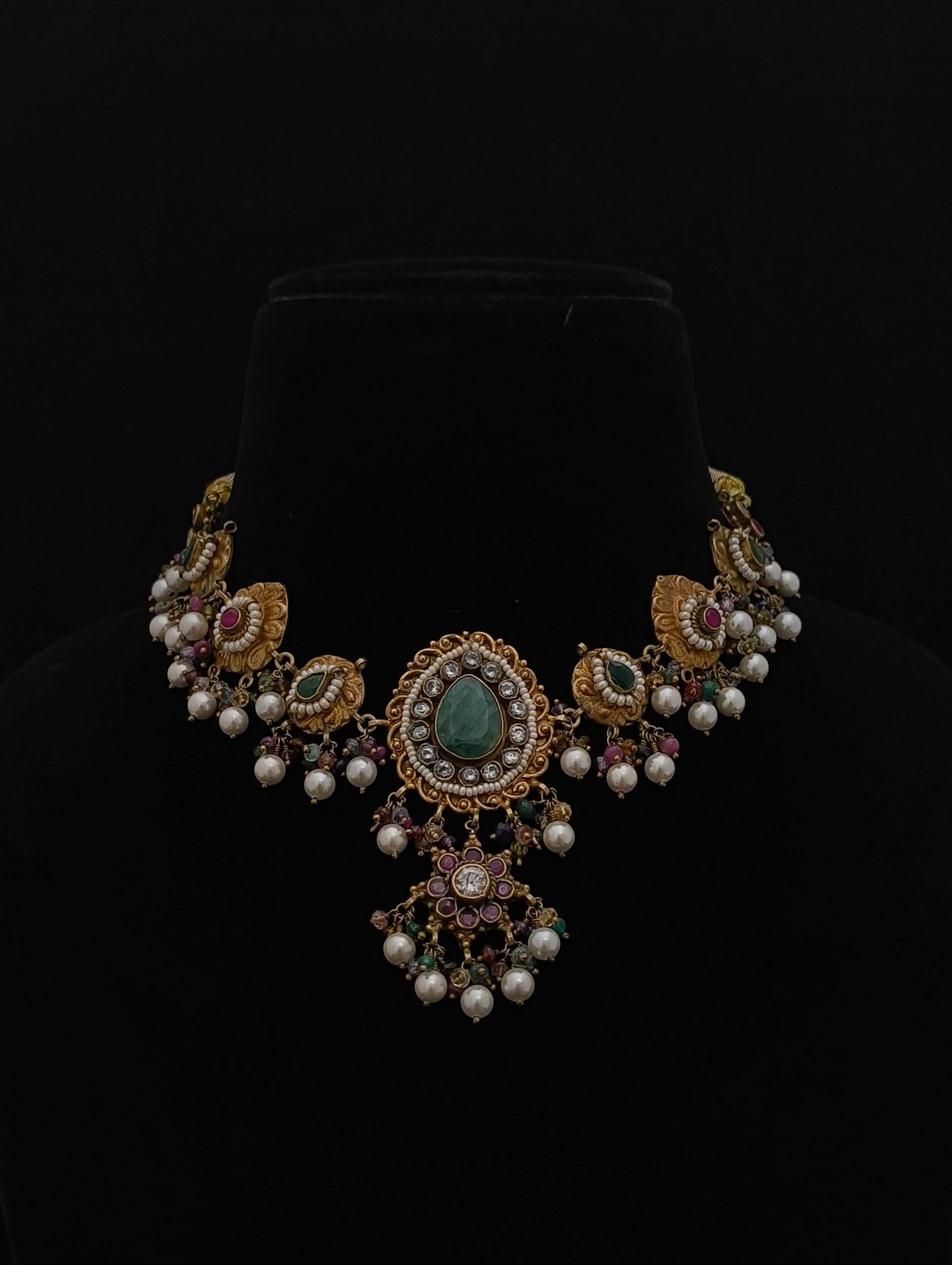 Kundan Pearl Drop Necklace, sterling silver