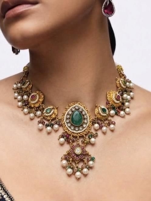 Kundan Pearl Drop Necklace, sterling silver