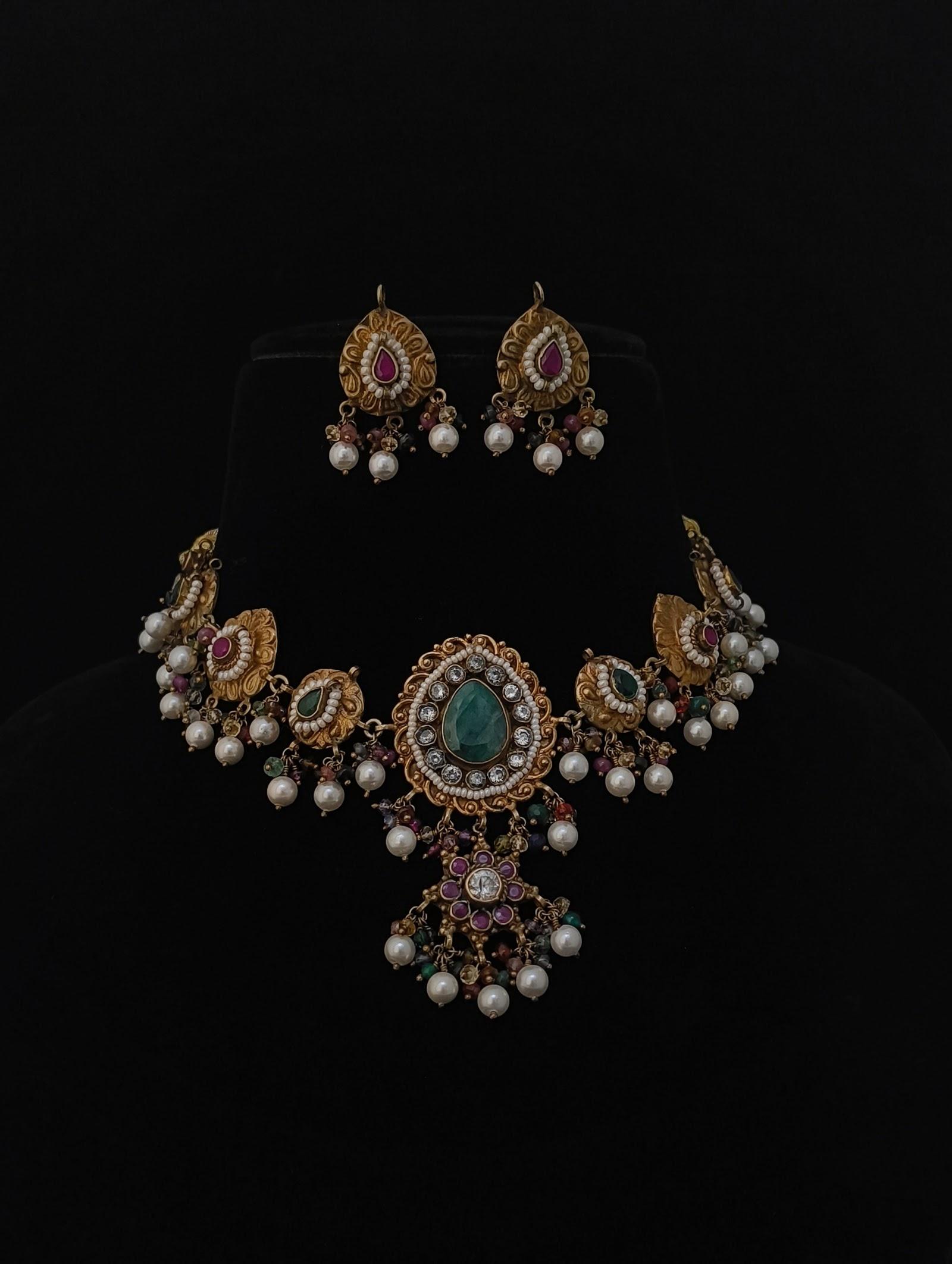 Kundan Pearl Drop Necklace, sterling silver