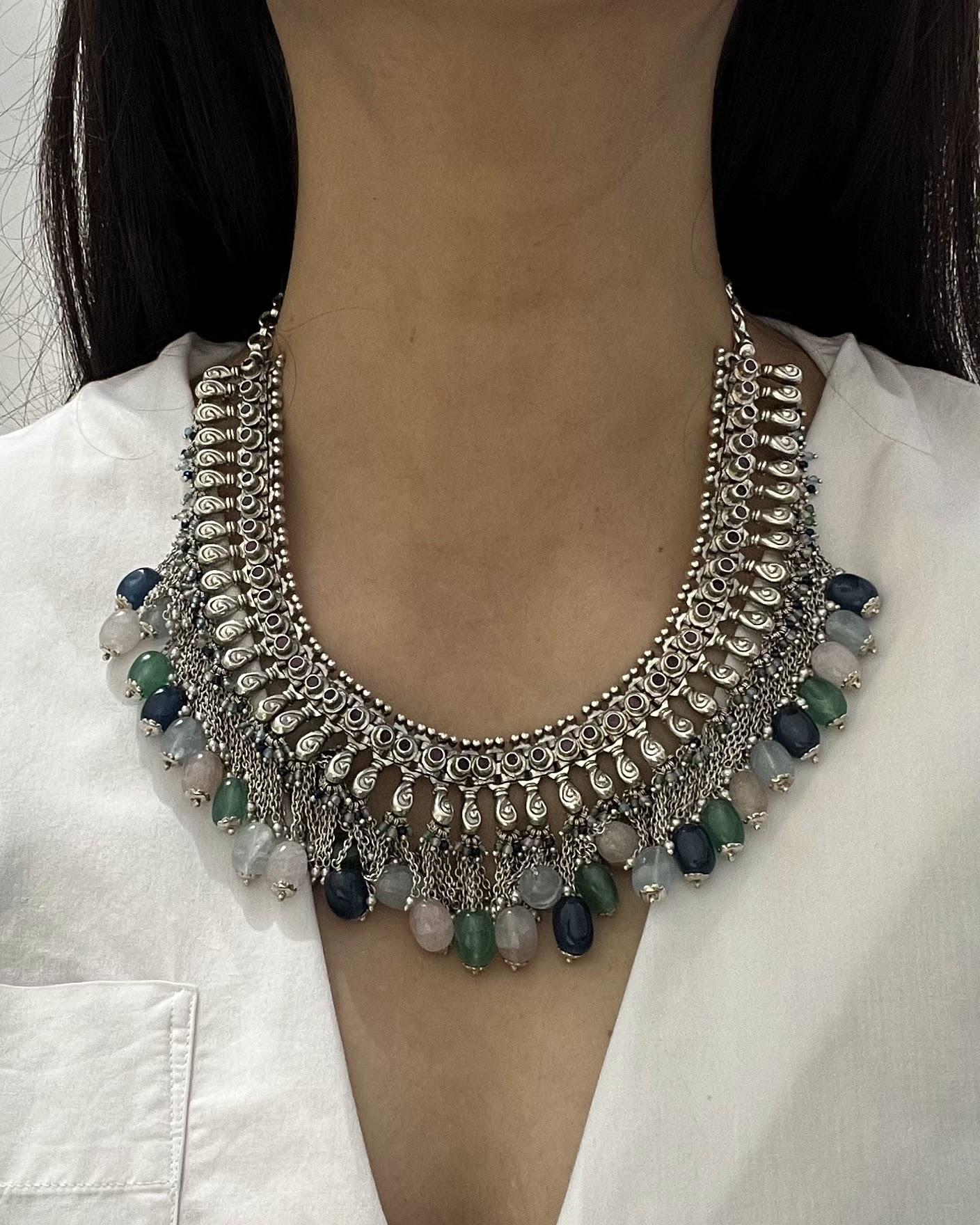 Multicolour Stone Necklace · 139 g, sterling silver