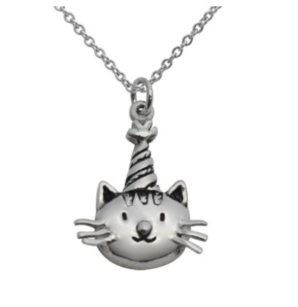 Close-up of cat with party hat pendant and birthday message 925 silver – detailed cute charm