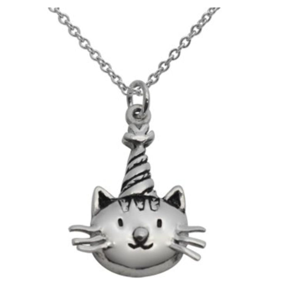 Close-up of cat with party hat pendant and birthday message 925 silver – detailed cute charm