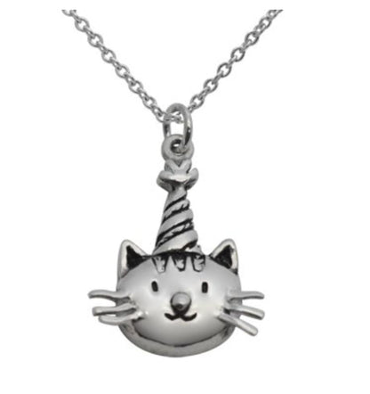 Close-up of cat with party hat pendant and birthday message 925 silver – detailed cute charm