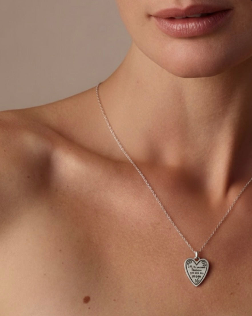 Woman wearing 925 silver "Life is Sweeter Because You Are My Mom" heart necklace – elegant Mothers Day jewelry on model