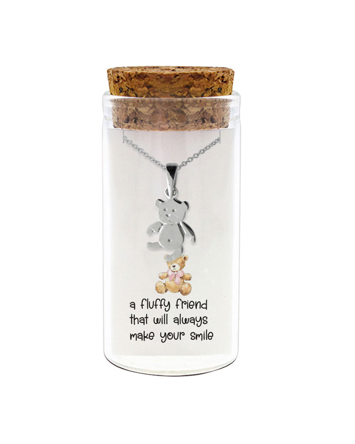 925 sterling silver teddy bear necklace "A fluffy friend that will always make you smile" in glass jar with cork lid – cute comfort charm