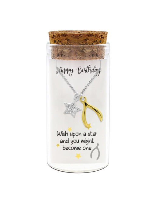 925 sterling silver star and wishbone necklace with "Wish upon a star and you might become one" message in glass jar with cork lid – magical birthday jewelry gift