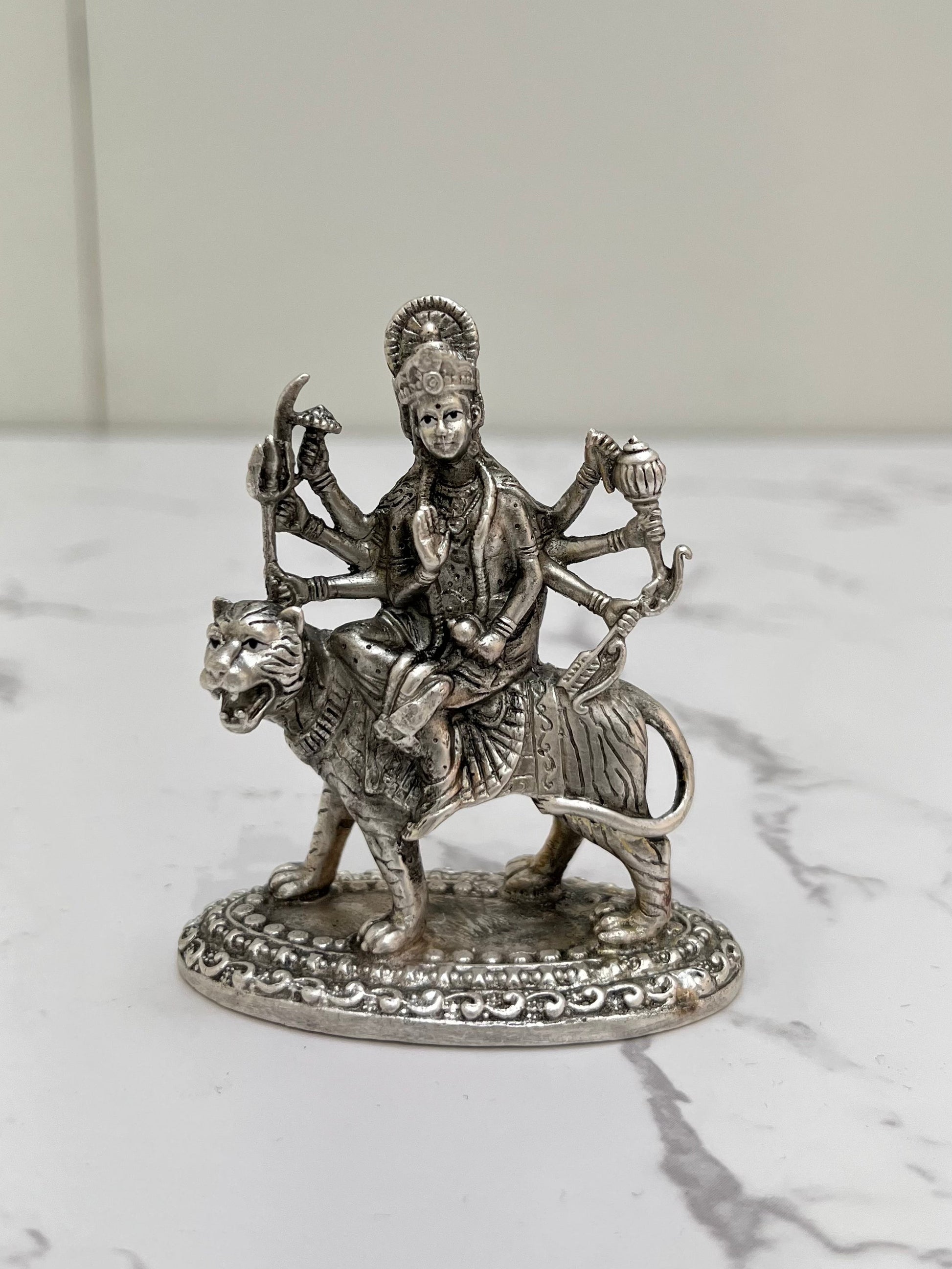 Front view 925 silver Goddess Durga murti – handcrafted devotional idol antique finish