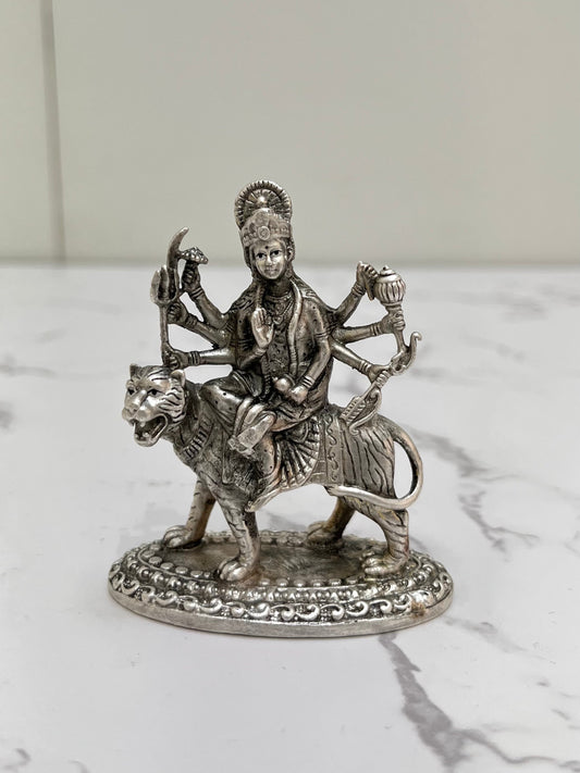Front view 925 silver Goddess Durga murti – handcrafted devotional idol antique finish
