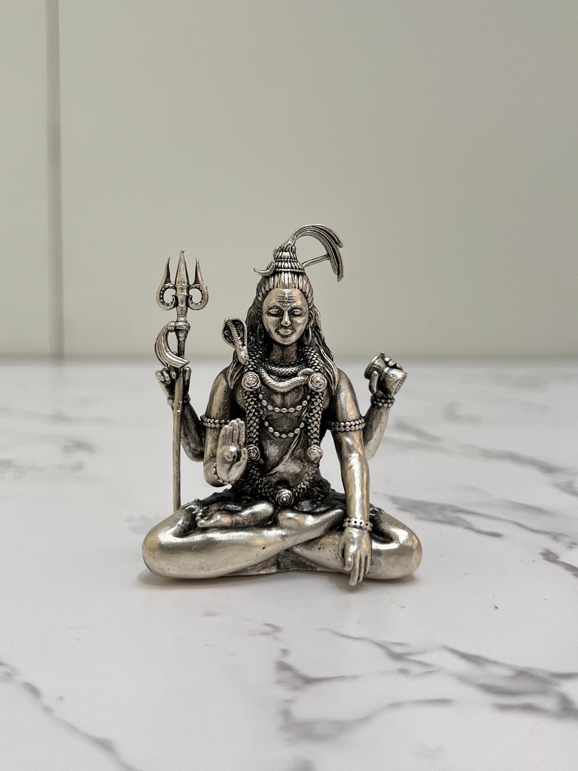 Front view 925 silver Lord Shiva murti – handcrafted devotional idol antique finish