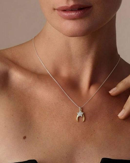 Model wearing 925 silver star and wishbone necklace with lucky pendant