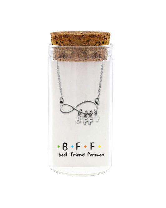 925 sterling silver BFF necklace with infinity symbol and "Best Friends Forever" in glass jar with cork lid – cute best friend gift