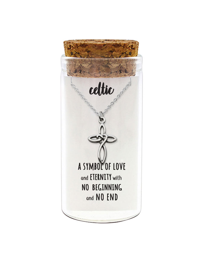 925 sterling silver Celtic cross necklace in glass jar with cork lid and quote “A symbol of love and eternity with no beginning and no end” – timeless spiritual gift