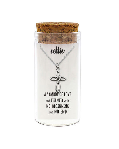 925 sterling silver Celtic cross necklace in glass jar with cork lid and quote “A symbol of love and eternity with no beginning and no end” – timeless spiritual gift